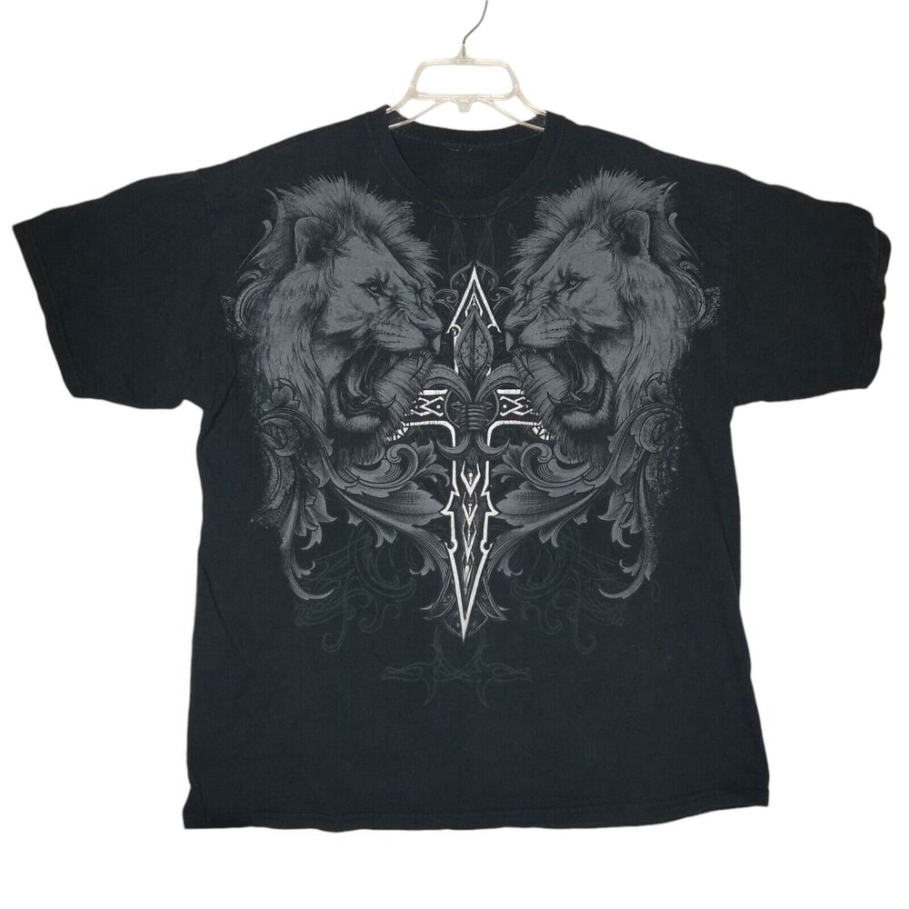 MMA Elite Lions Cross T Shirt XL Cyber Y2K Grunge Black XL Pinkman Distressed